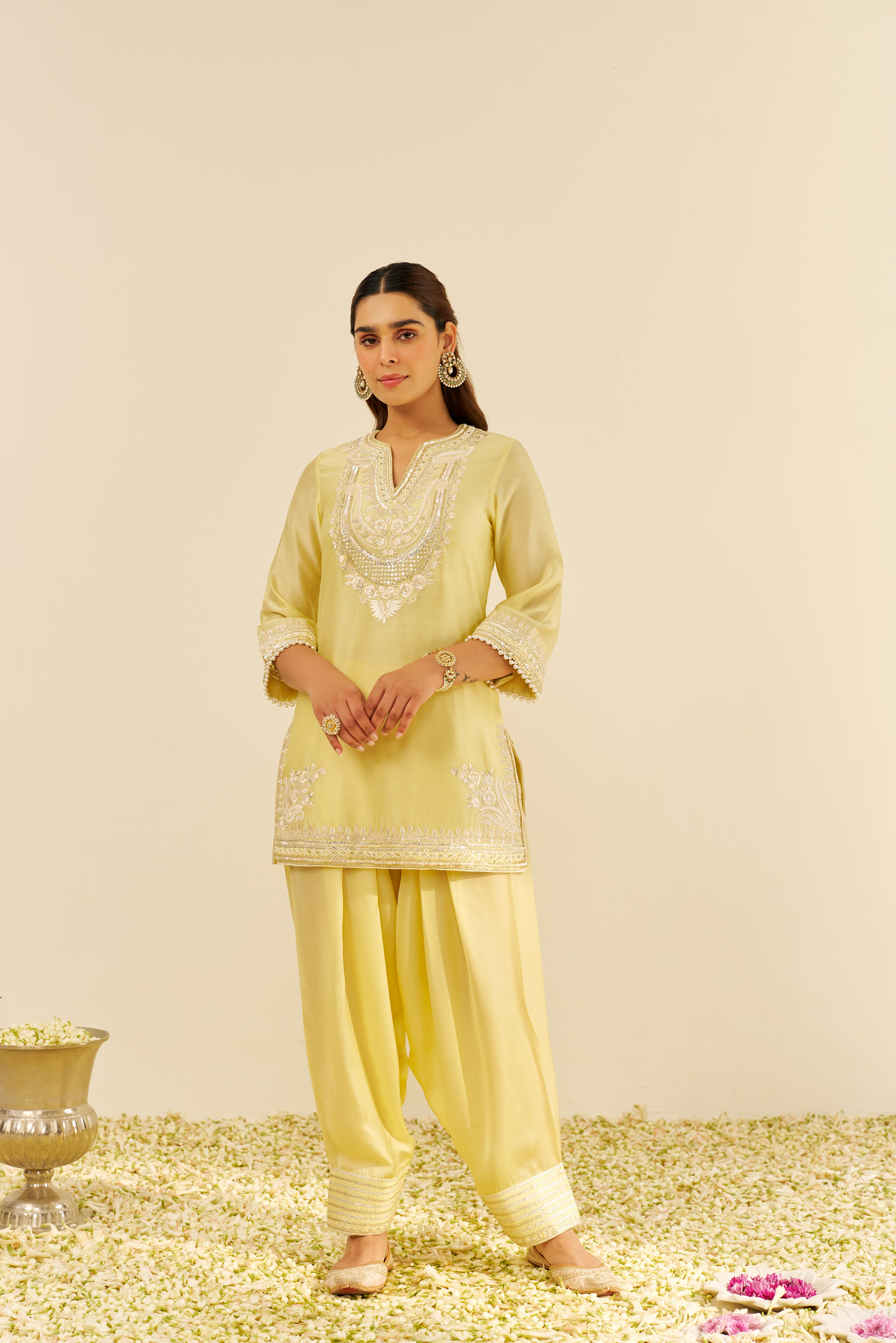 Sara-Lemon Yellow Short Kurta with Salwar