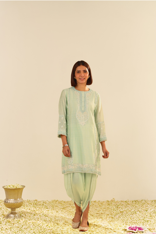 Zahra - Mint Green Short Kurta With Dhoti