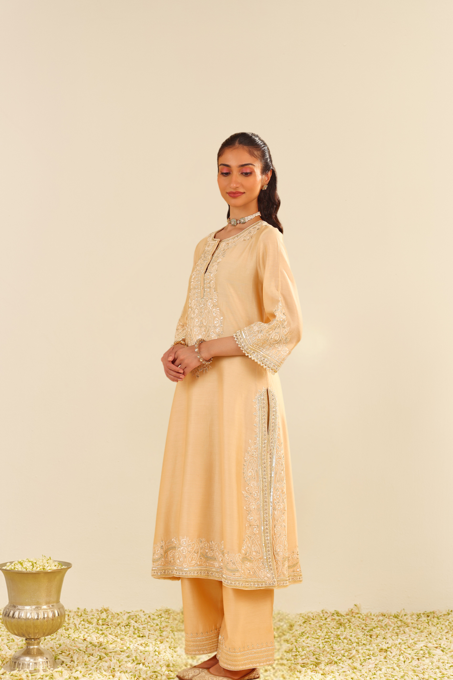 Sereen - Beige A-Line Kurta With Palazzo and Dupatta