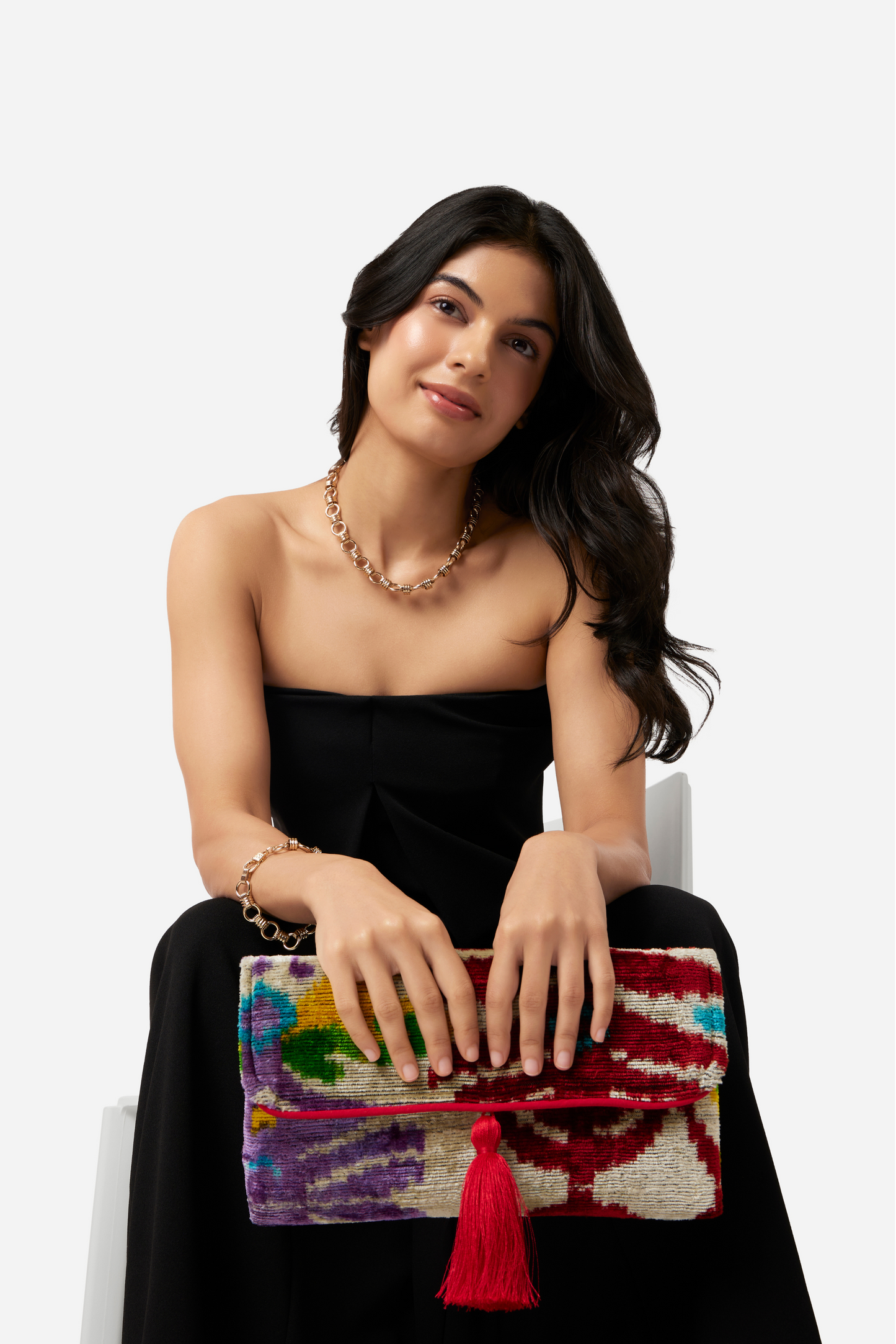 Samba Red Multicolor Velvet Silk Fold Over Clutch
