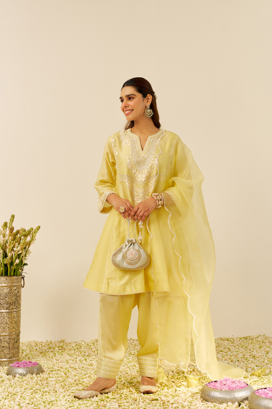 Aiza - Lemon Yellow Short Chauga With Salwar