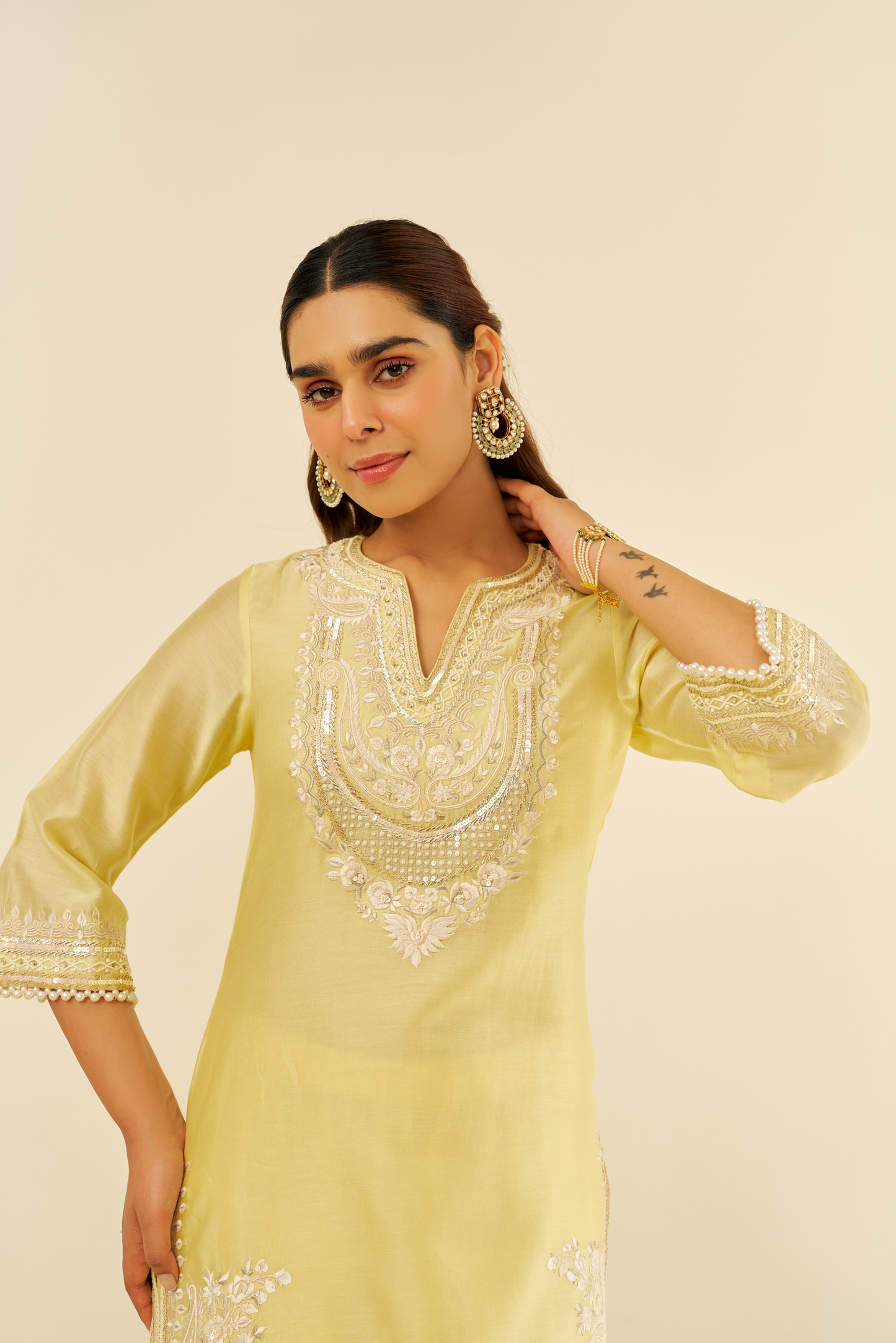 Sara-Lemon Yellow Short Kurta with Salwar