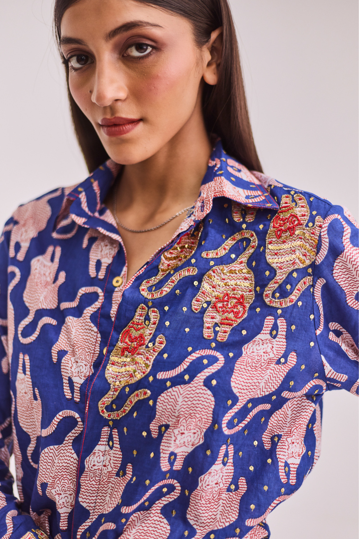 Blue Tiger Print Dress with Embroidery