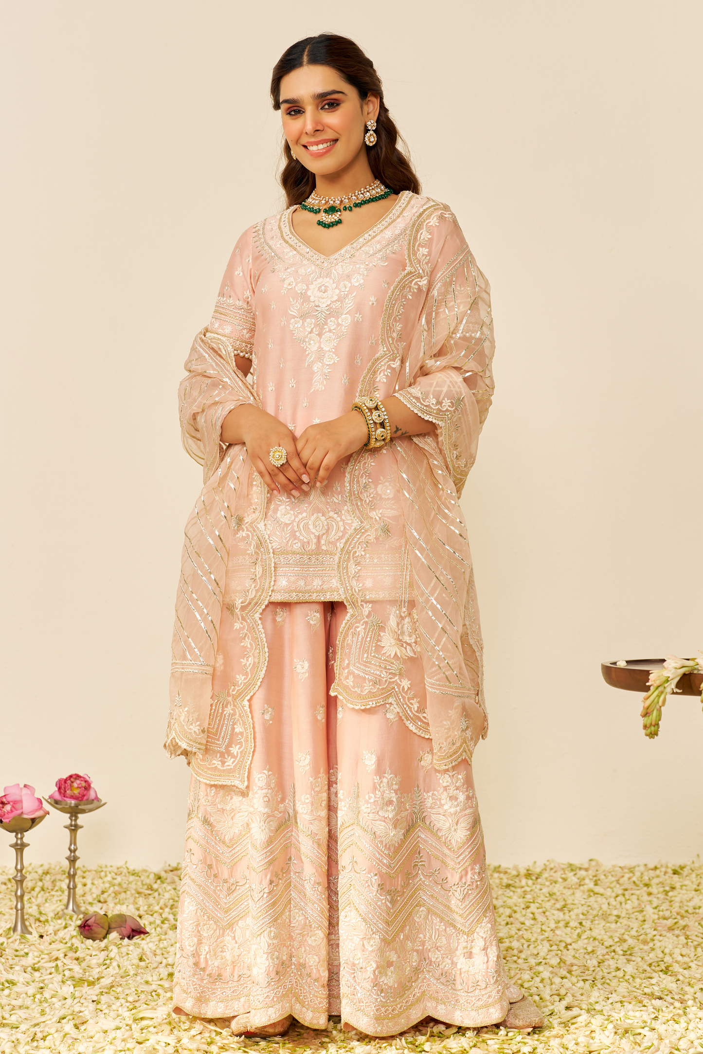 Sameeha - Off Rose Short Kurta With Sharara With Dupatta
