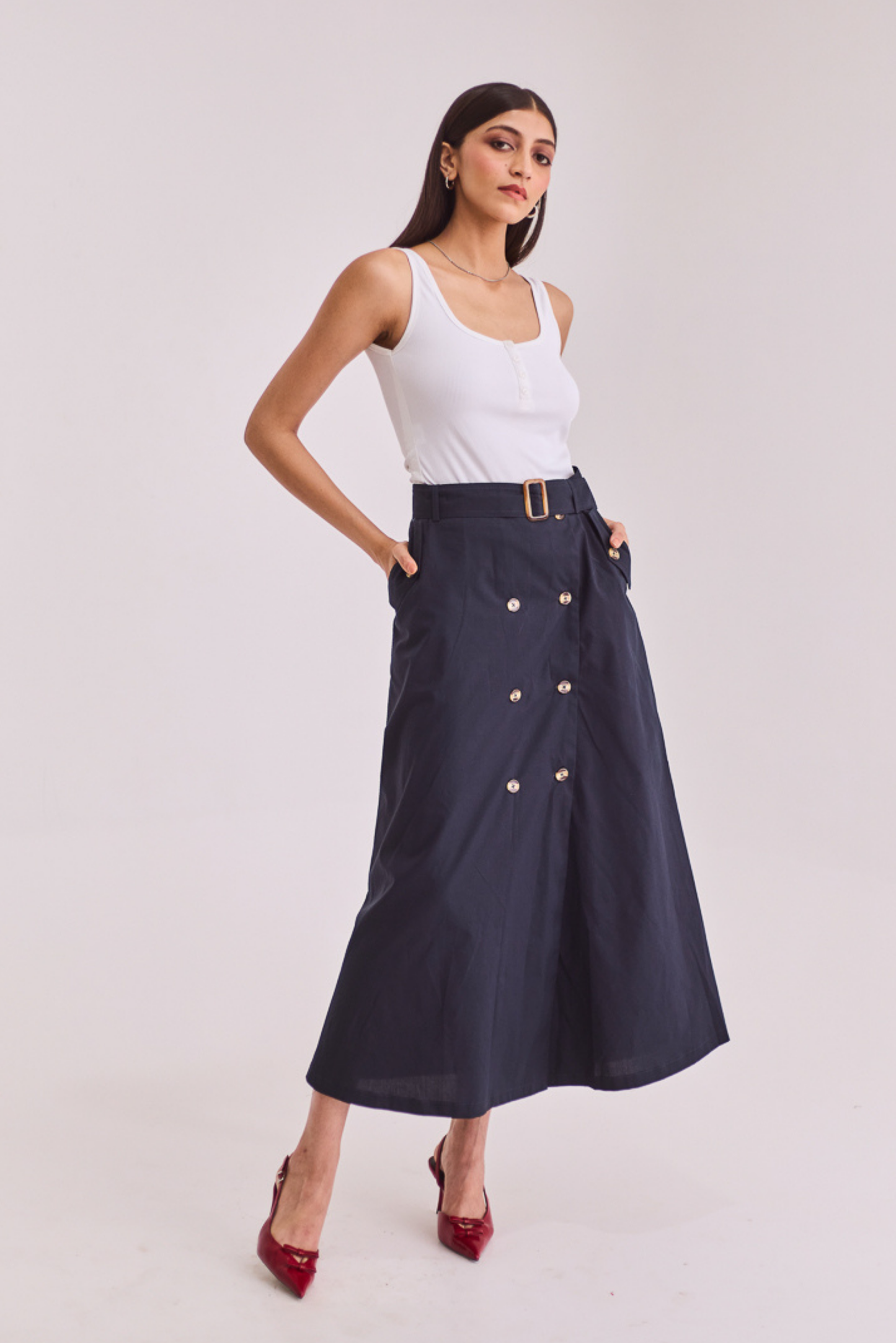 Navy Blue A-line Midi Skirt