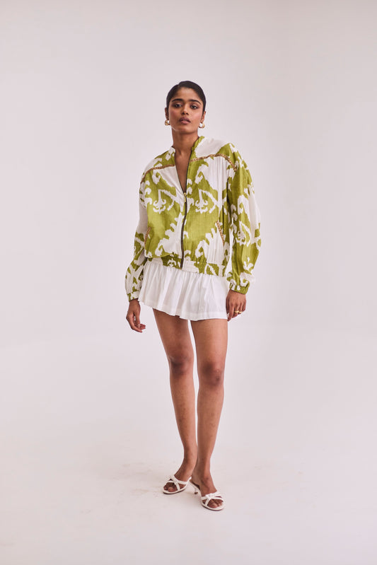 Green Ikkat Jacket & White Skort Set