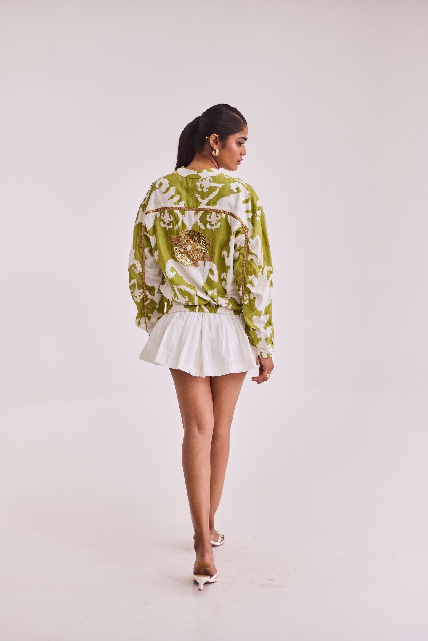 Green Ikkat Jacket & White Skort Set