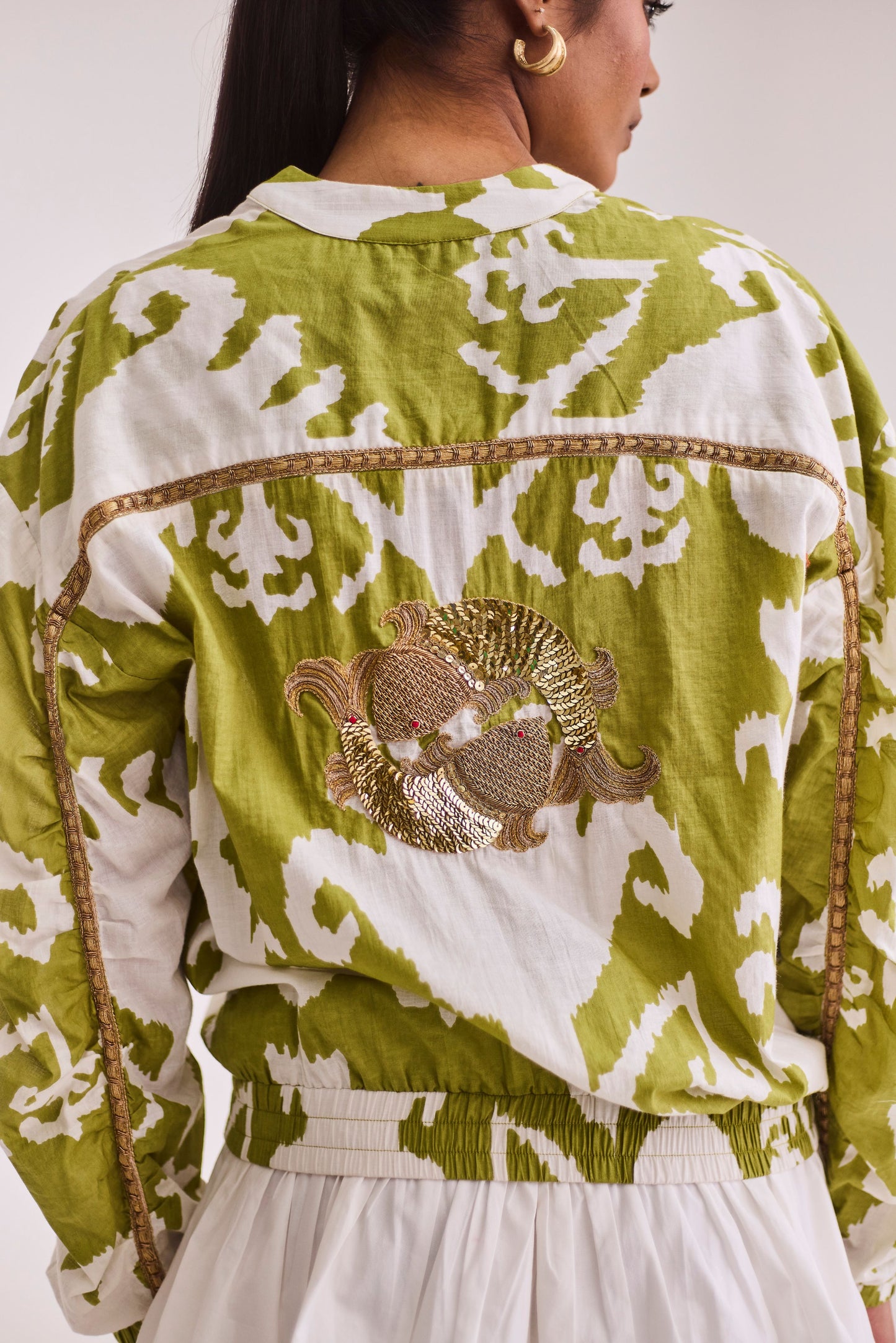 Green Ikkat Jacket & White Skort Set