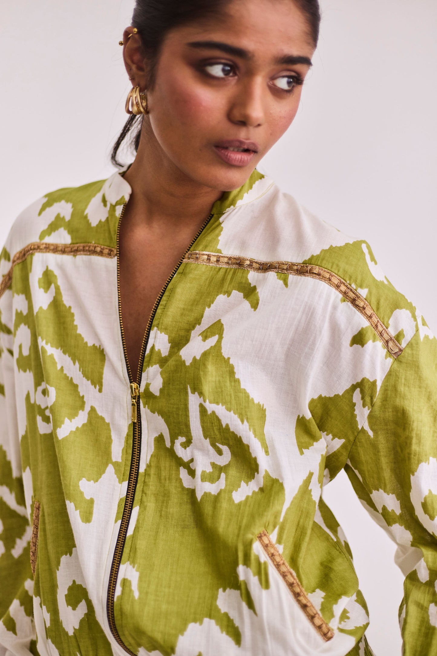 Green Ikkat Jacket & White Skort Set