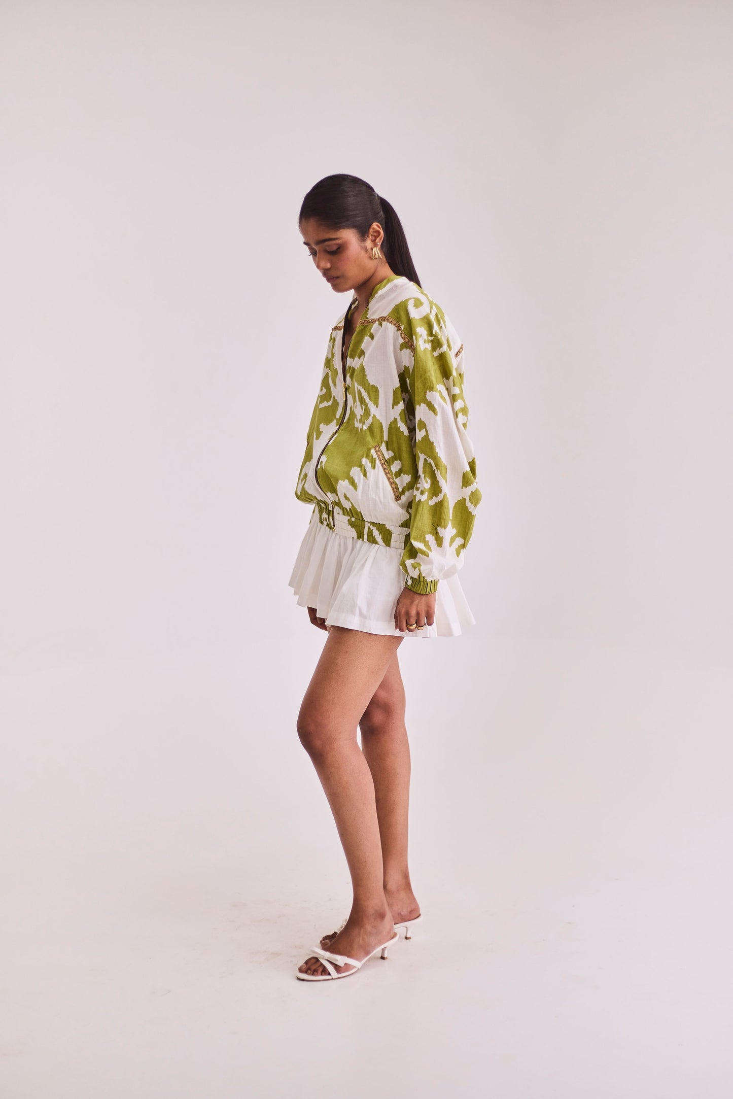 Green Ikkat Jacket & White Skort Set