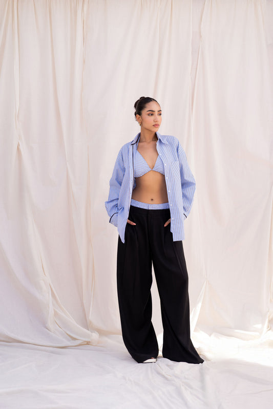 Blue Striped Shirt & Black Trouser Set with Bralette