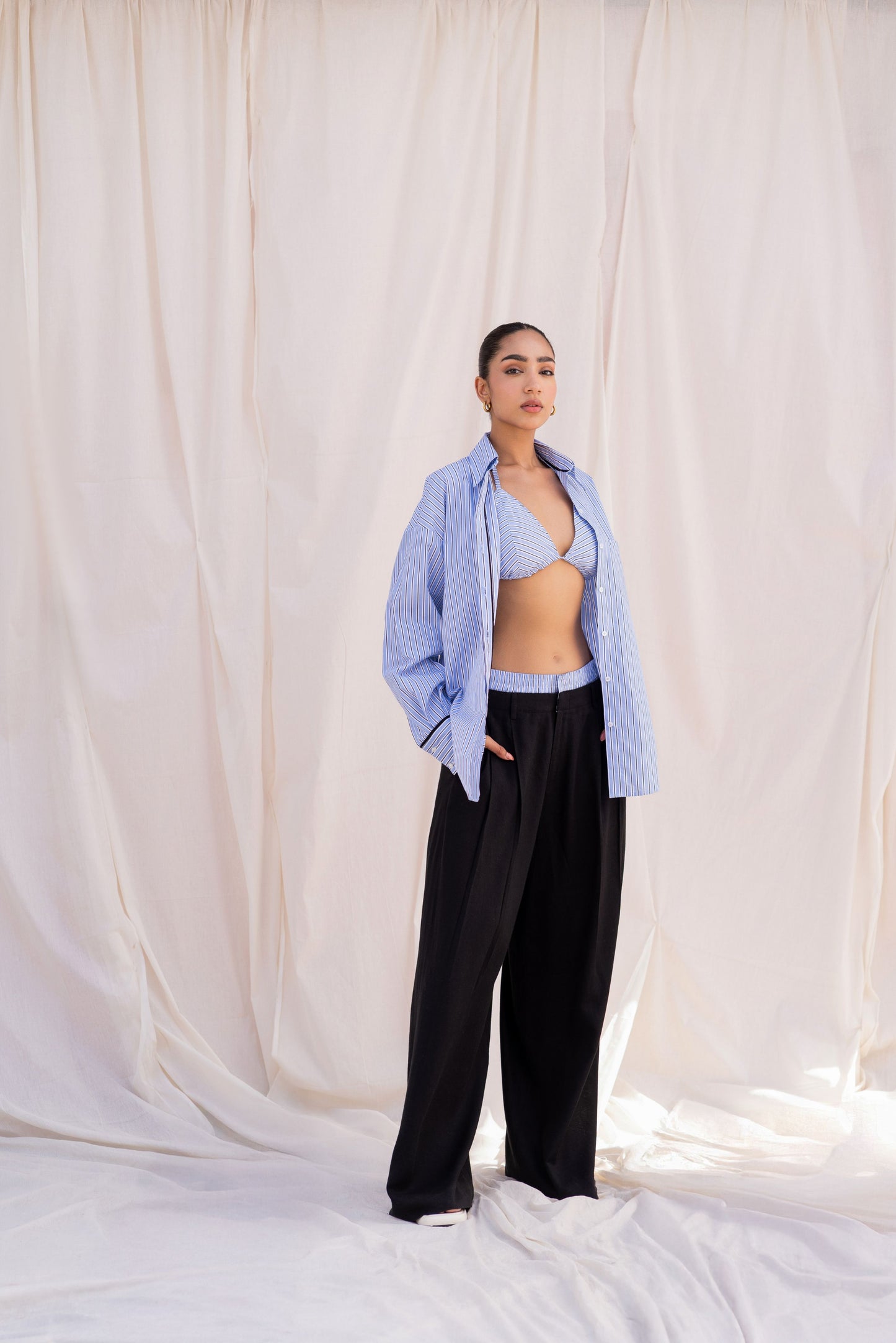 Blue Striped Shirt & Black Trouser Set with Bralette