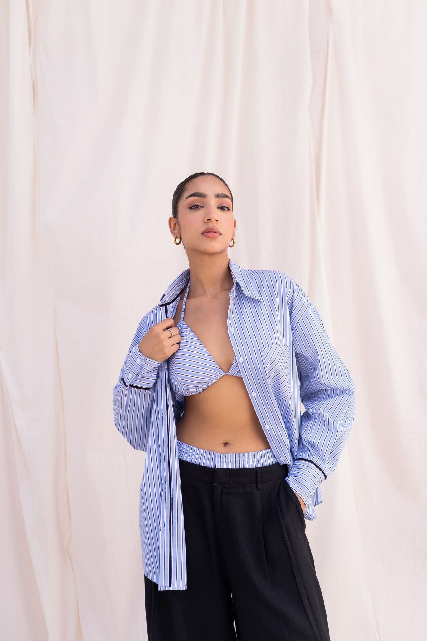 Blue Striped Shirt & Black Trouser Set with Bralette