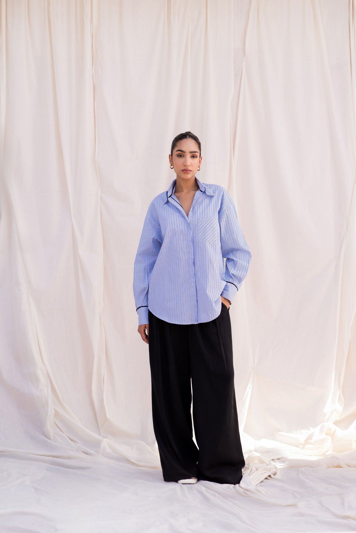 Blue Striped Shirt & Black Trouser Set with Bralette