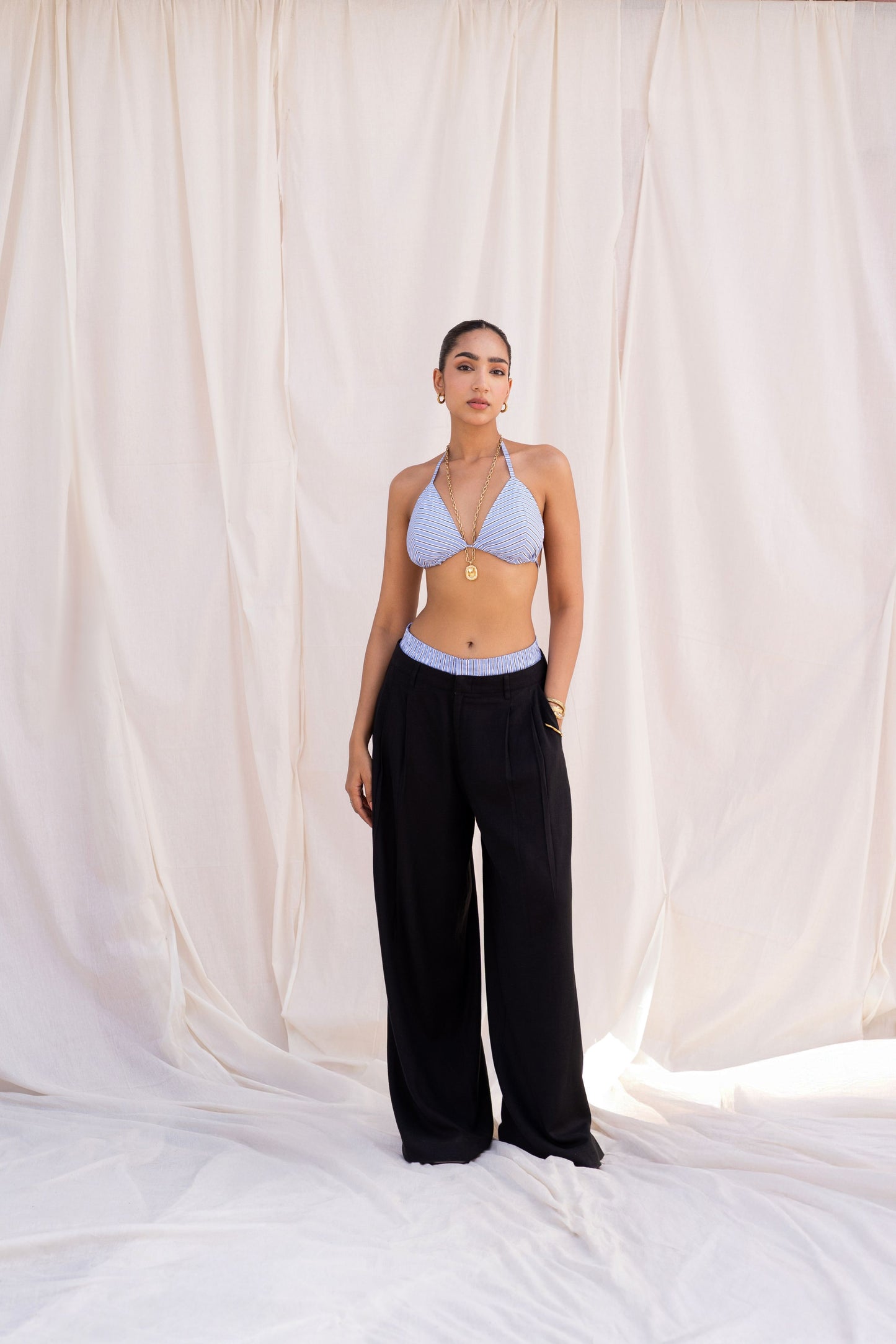 Blue Striped Shirt & Black Trouser Set with Bralette