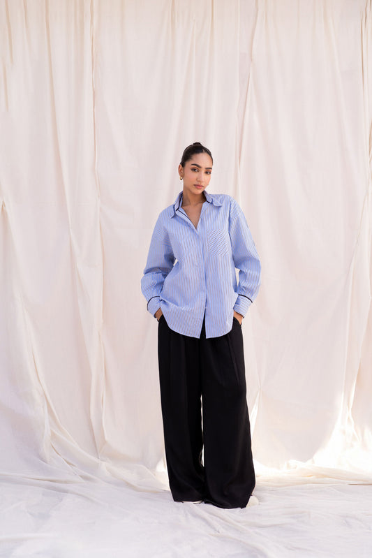 Blue Oversized Shirt & Black Trouser Set