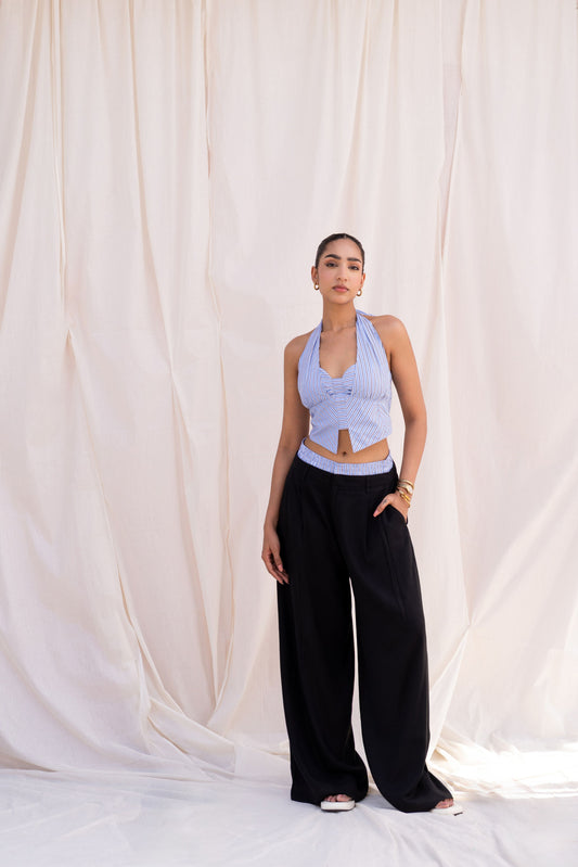 Blue Striped Halter Top & Black Trouser Set