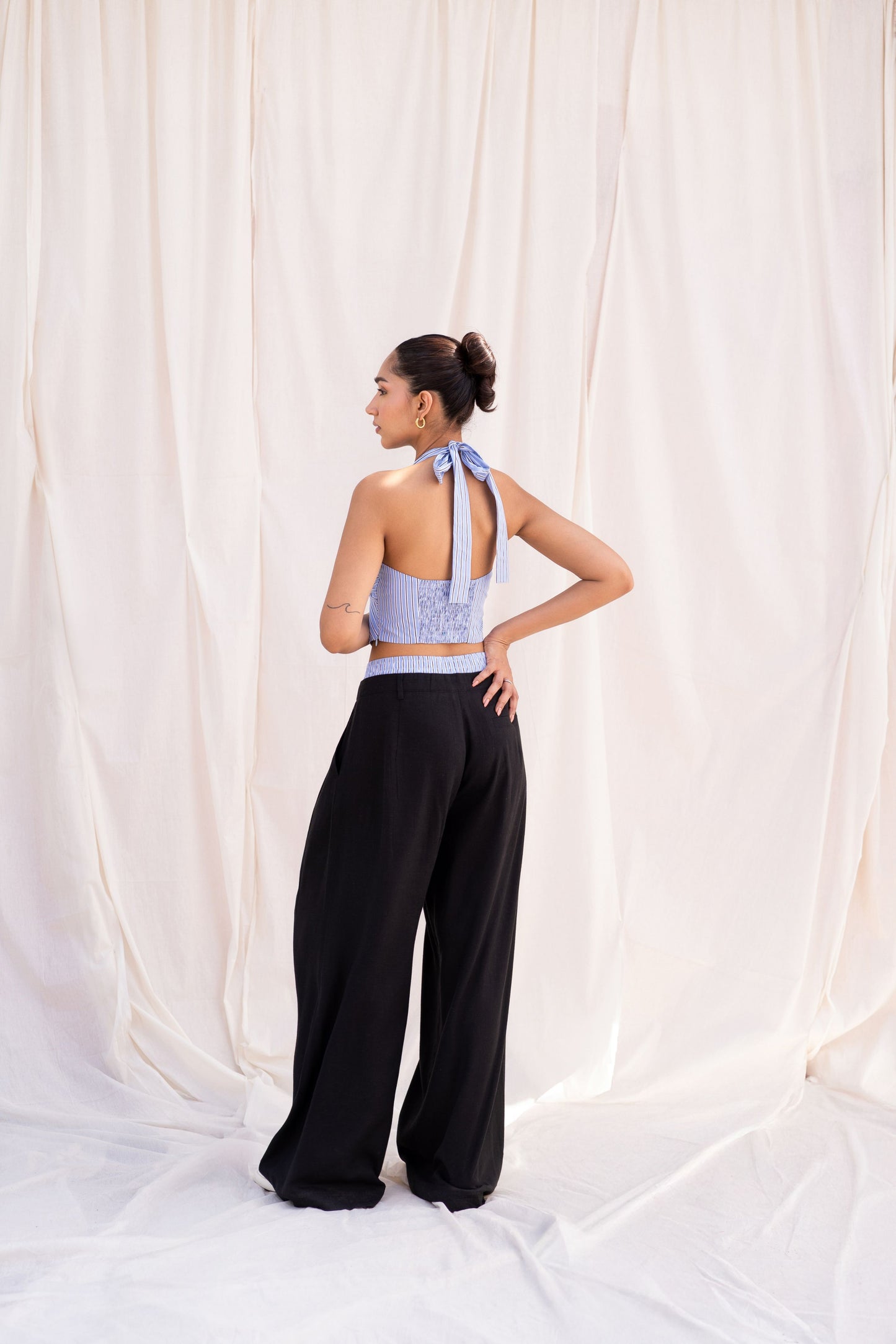 Blue Striped Halter Top & Black Trouser Set