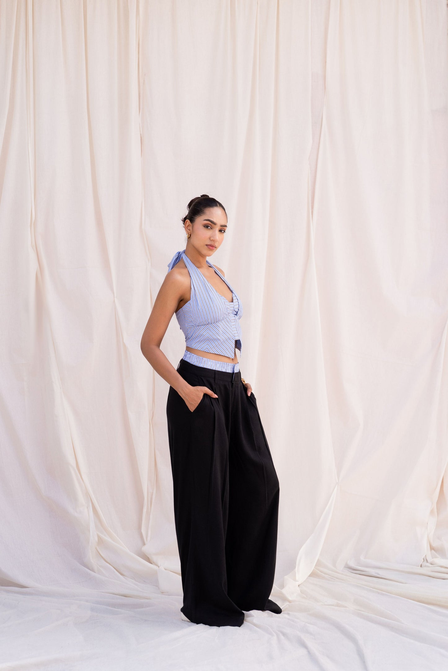 Blue Striped Halter Top & Black Trouser Set