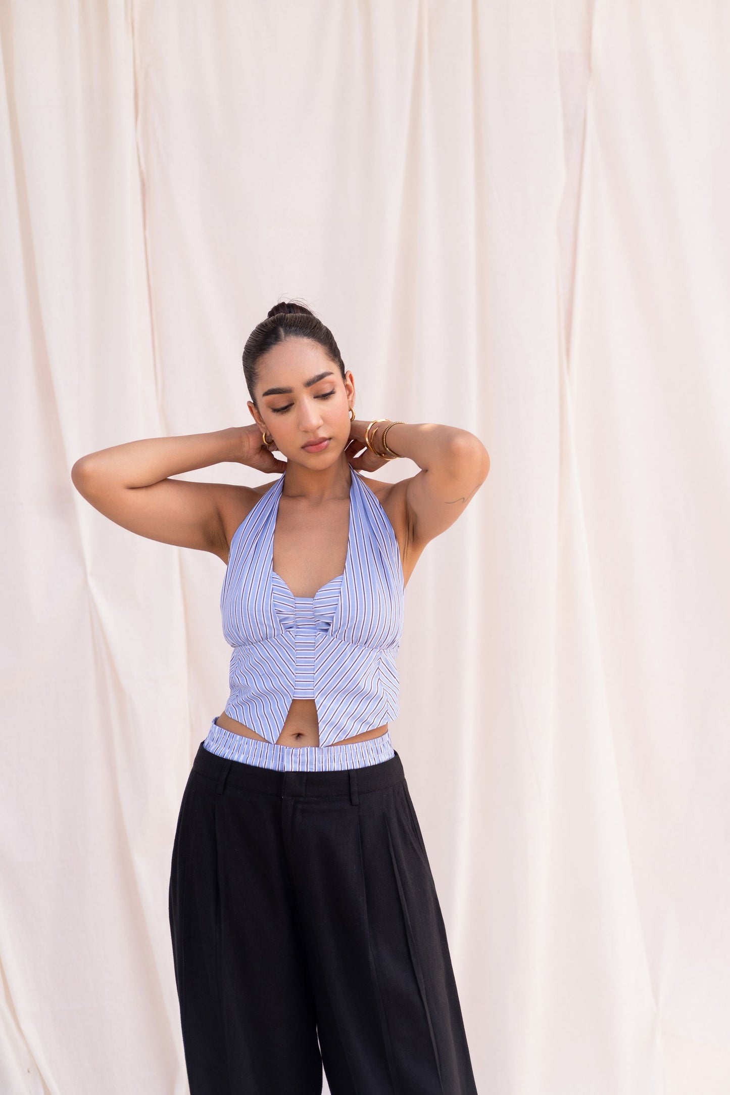 Blue Striped Halter Top & Black Trouser Set