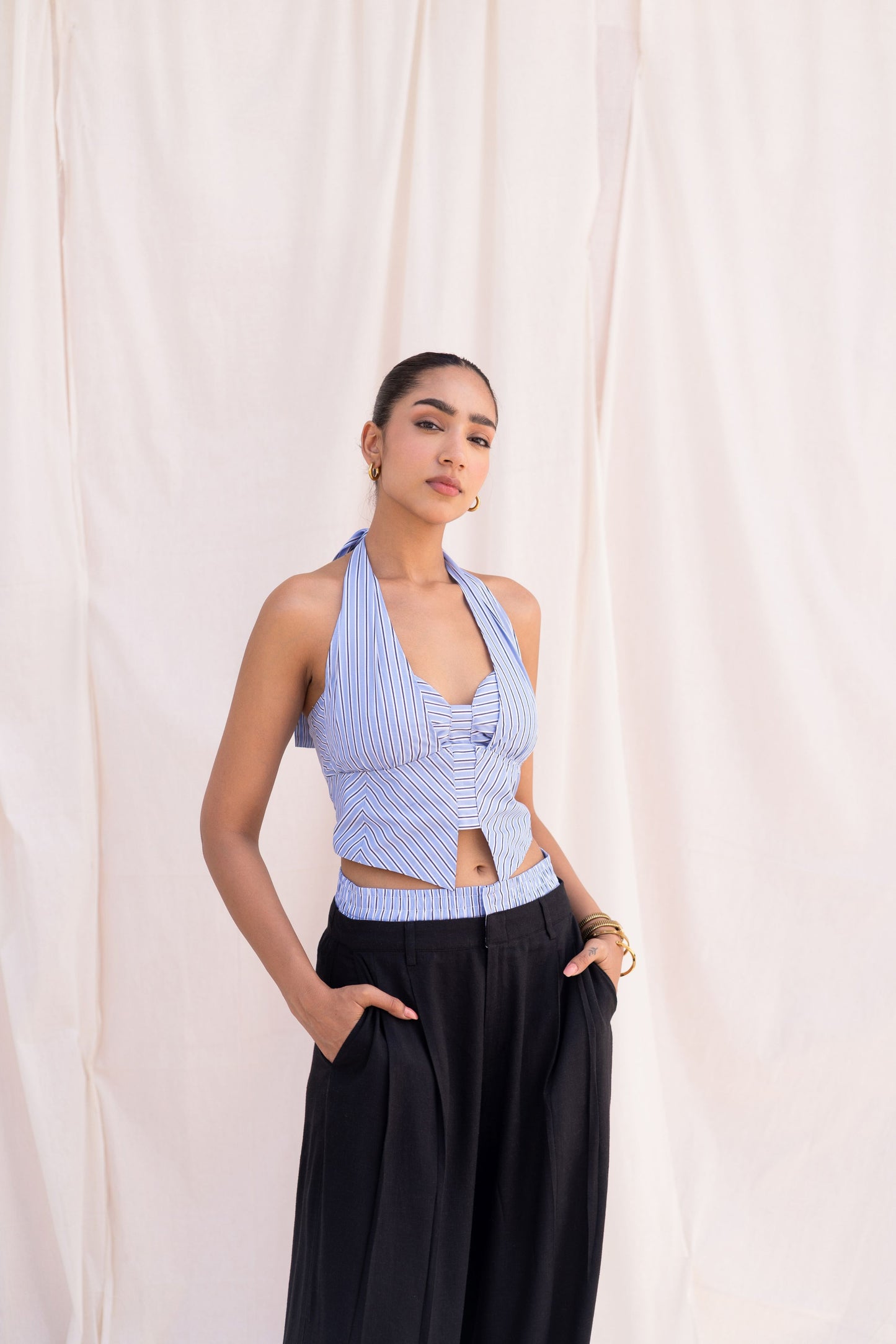 Blue Striped Halter Top & Black Trouser Set