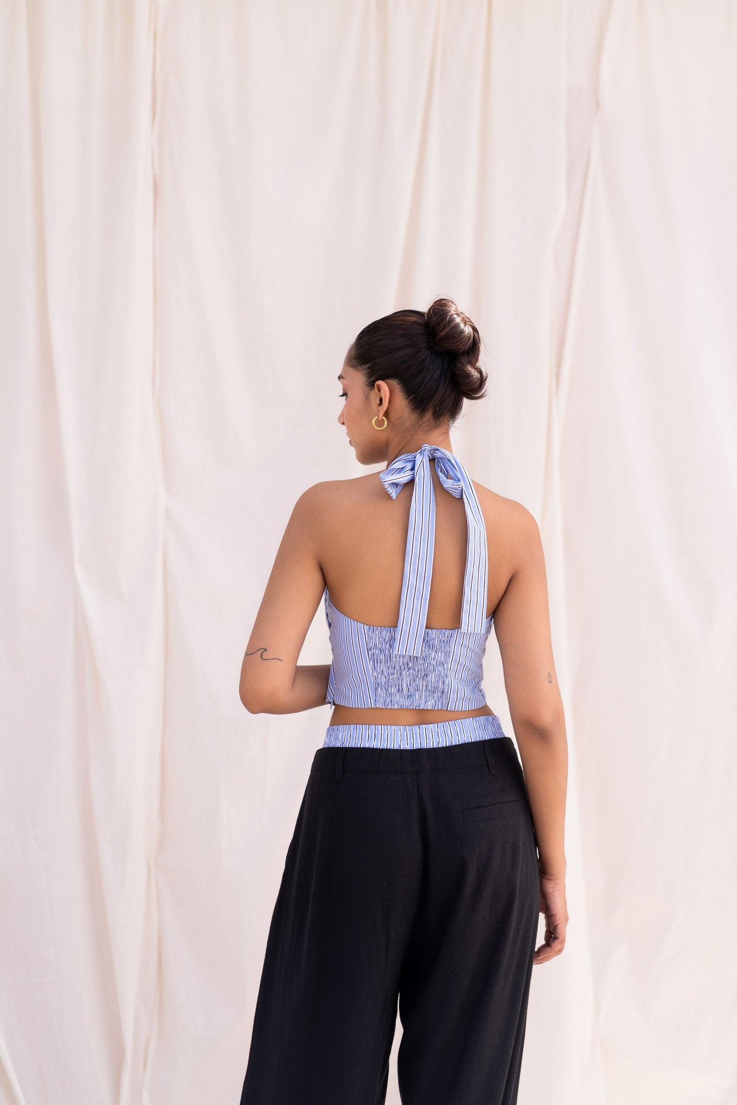 Blue Striped Halter Top & Black Trouser Set