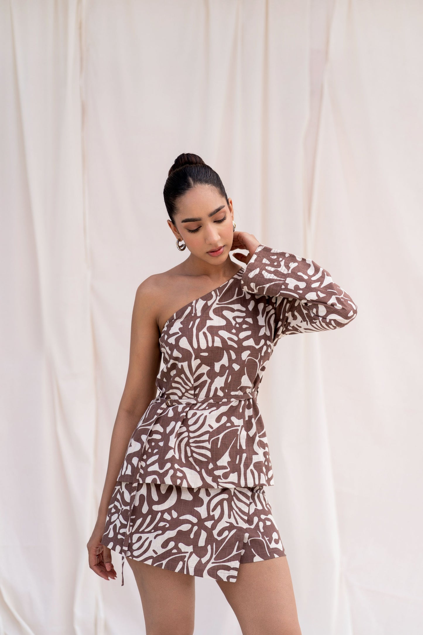 Brown Abstract Print Top & Skort Set