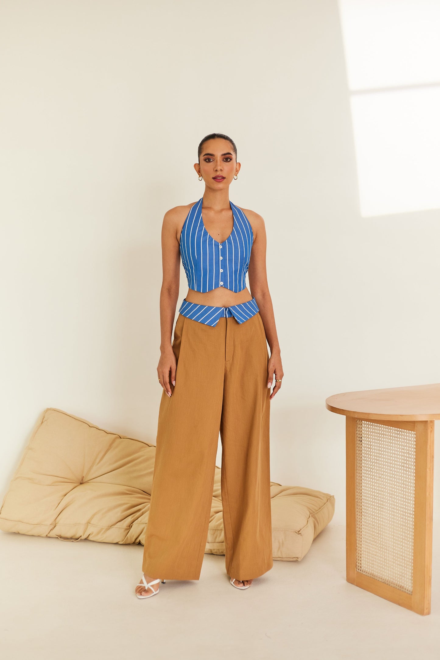 Striped Vest & Brown Collar Waist Trouser Set