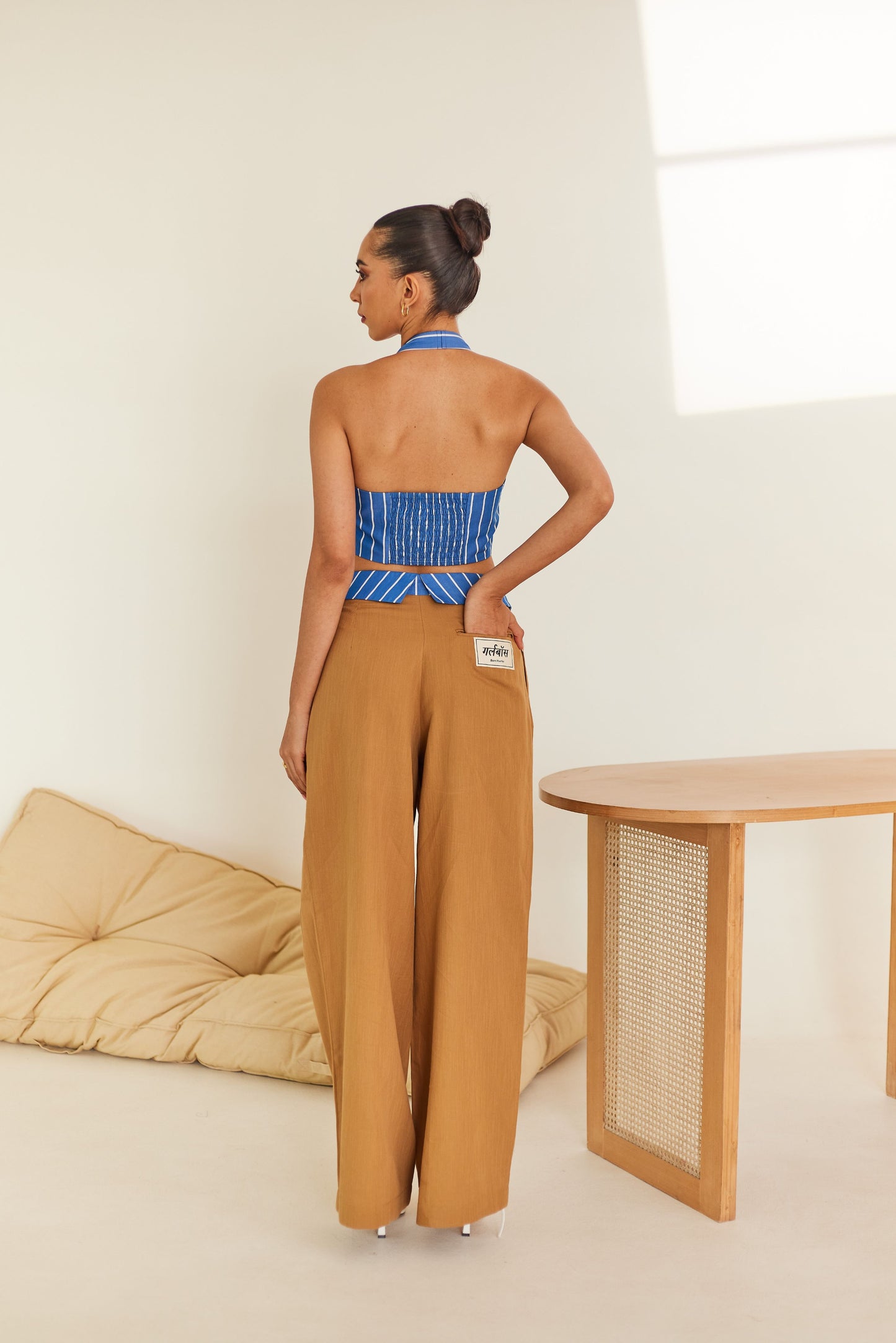 Striped Vest & Brown Collar Waist Trouser Set