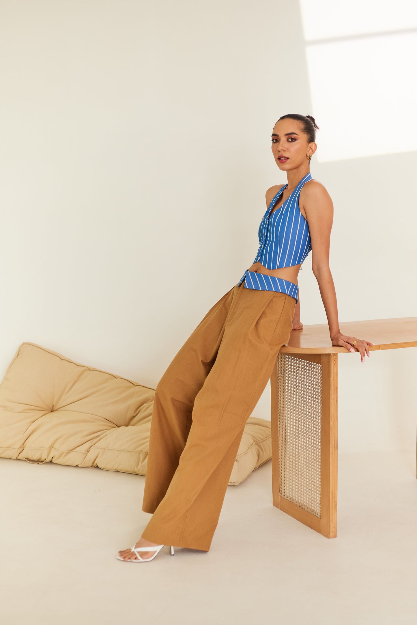 Striped Vest & Brown Collar Waist Trouser Set