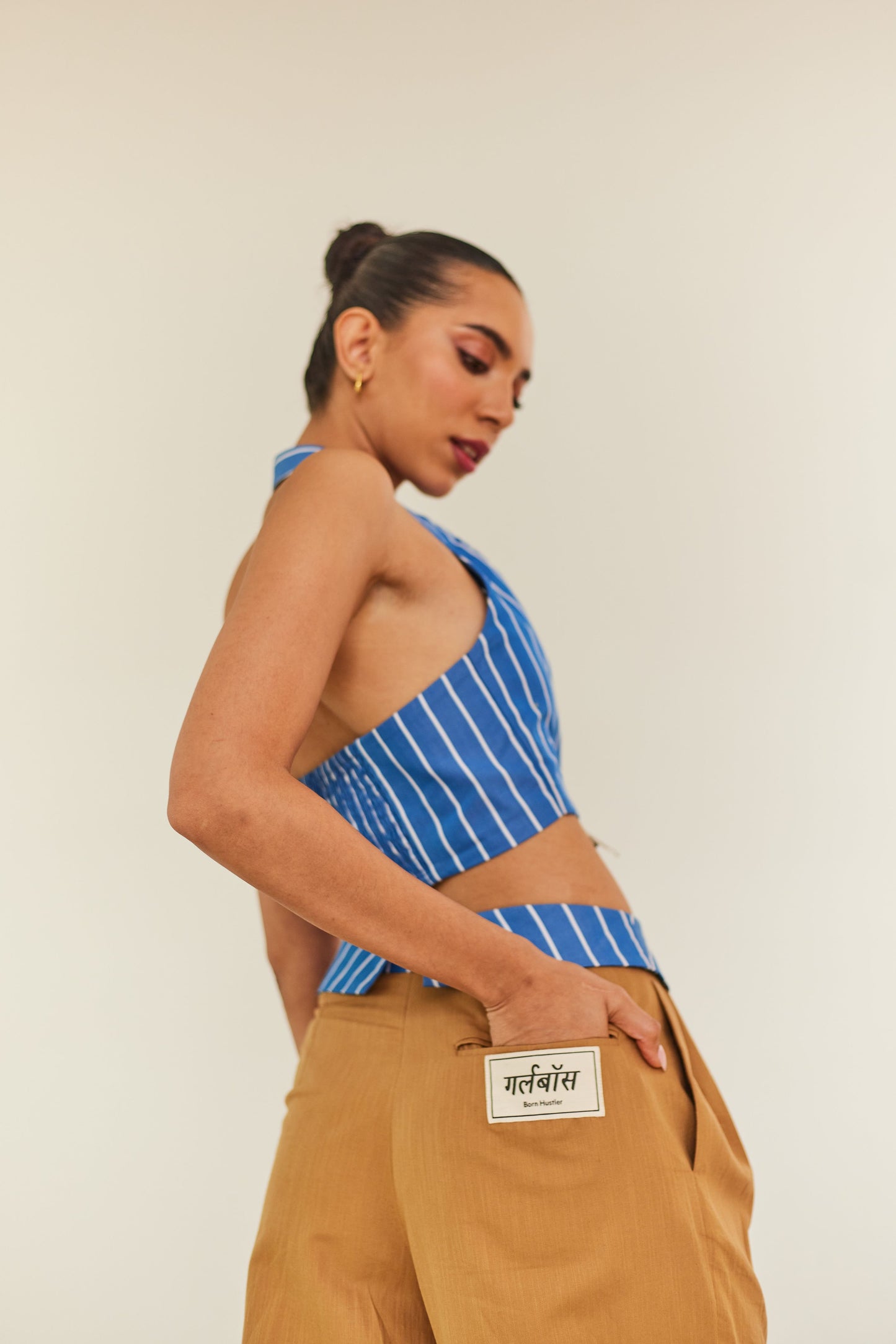 Striped Vest & Brown Collar Waist Trouser Set