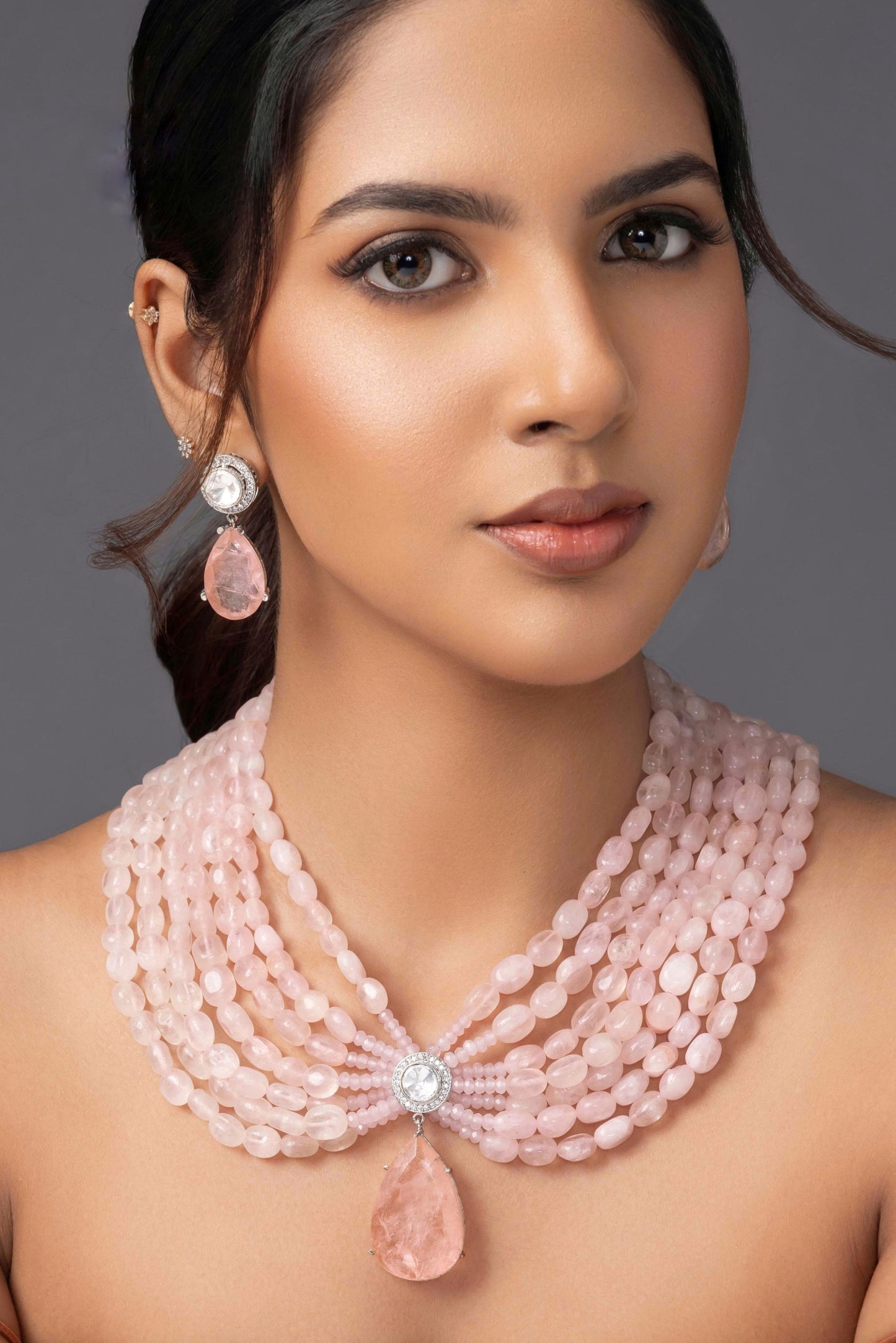 Regal Blush Pink Beaded Necklace Set with Crystal Drop