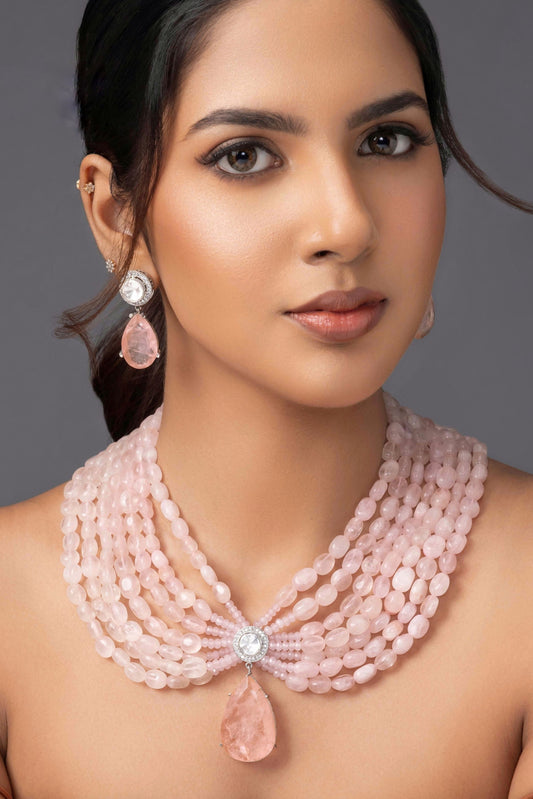 Regal Blush Pink Beaded Necklace Set with Crystal Drop