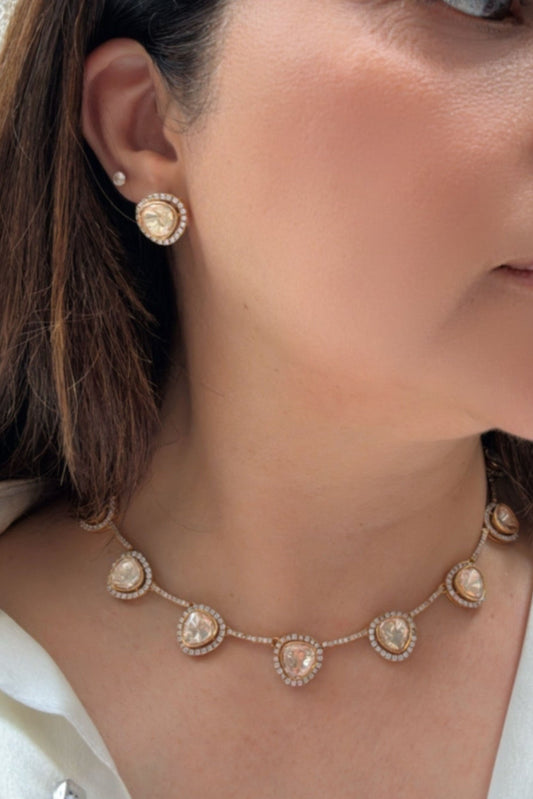 Gold Plated Crystals Polki Cubic Zirconia Necklace And Earrings