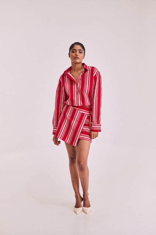 Red striped overlap shirt dress