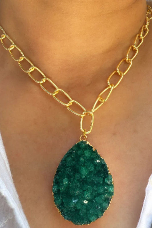 Link Chain Necklace with Green Druzy Stone