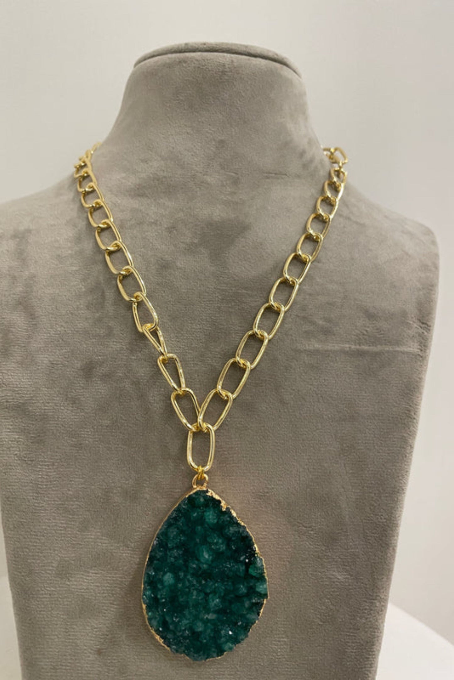 Link Chain Necklace with Green Druzy Stone