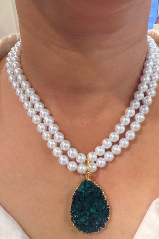 Long Pearl Necklace With Green Druzy Stone