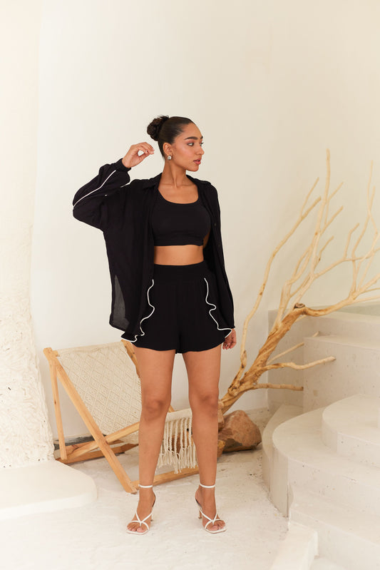 Black Rayon Crepe Shirt & Shorts Set