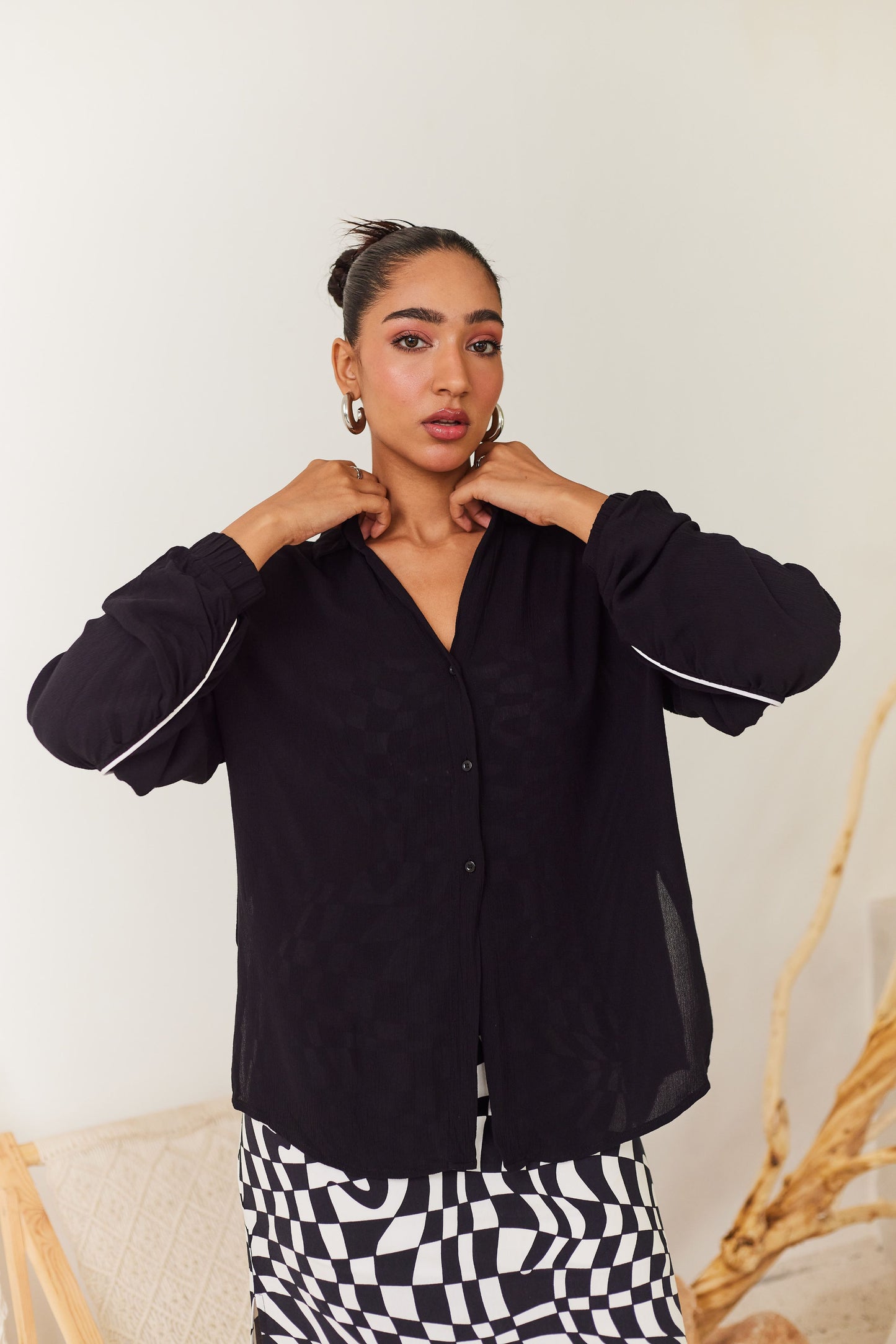 Black Rayon Crepe Shirt & Shorts Set