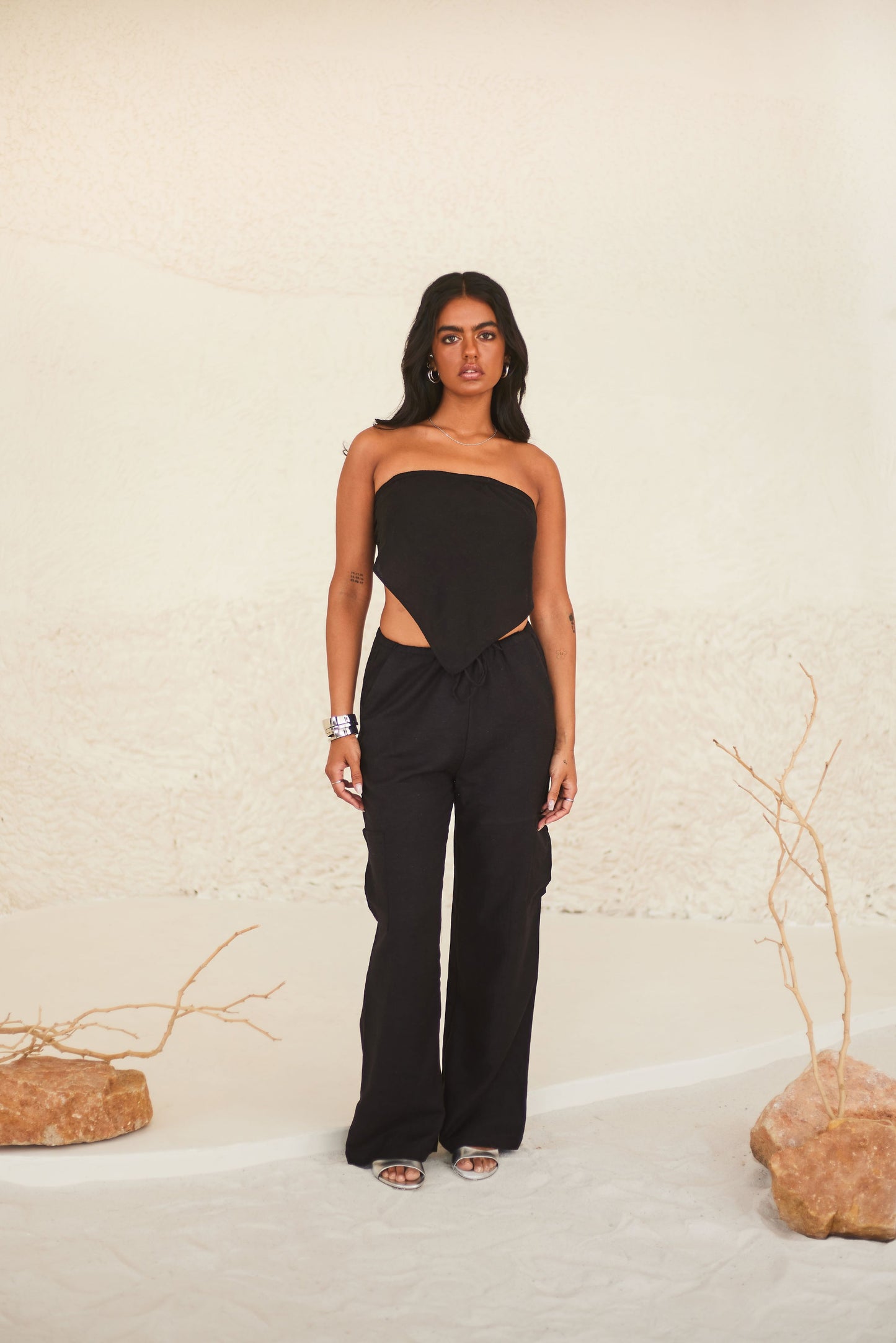 Black Scarf Top & Cargo Pants Set