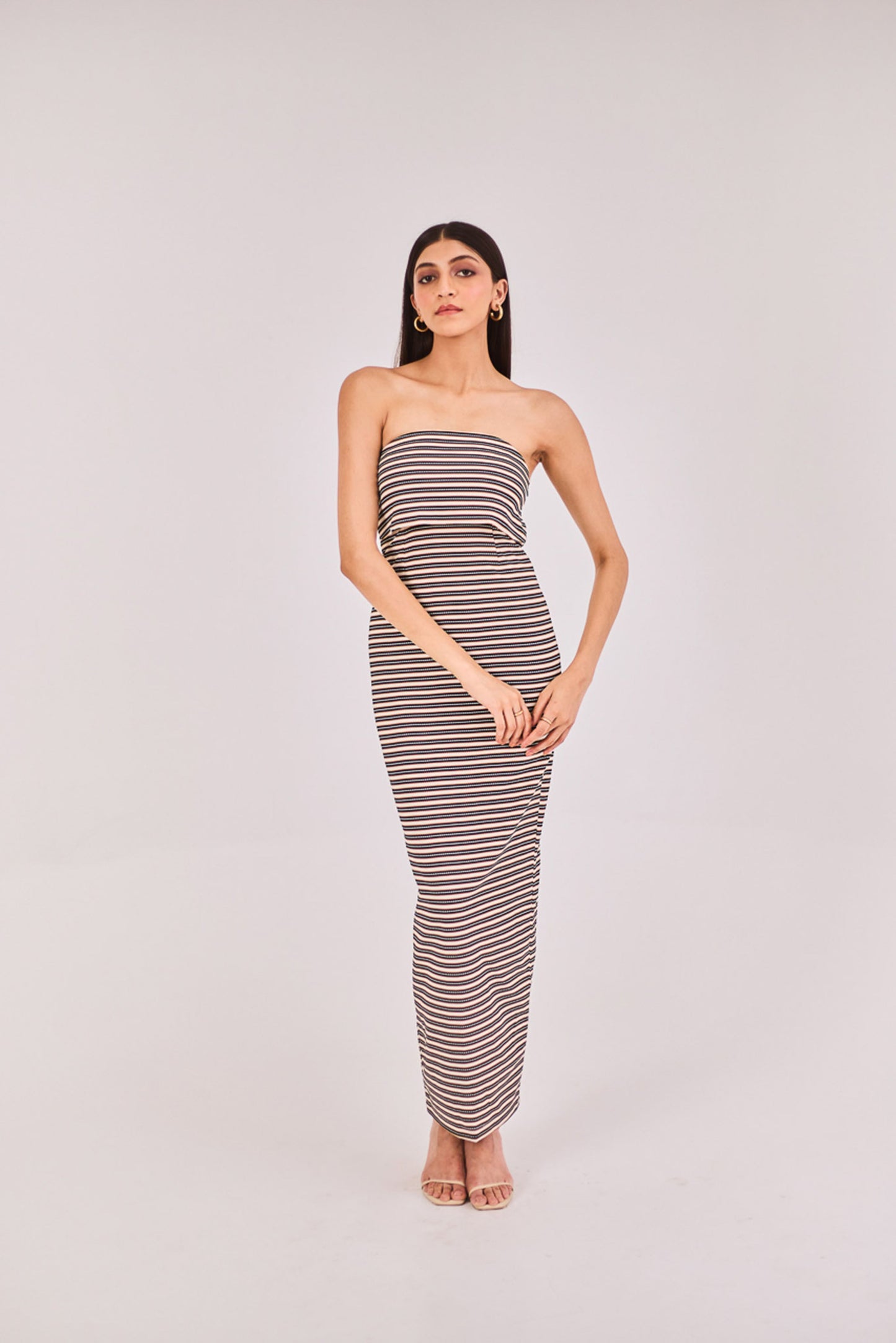 Striped strapless midi dress