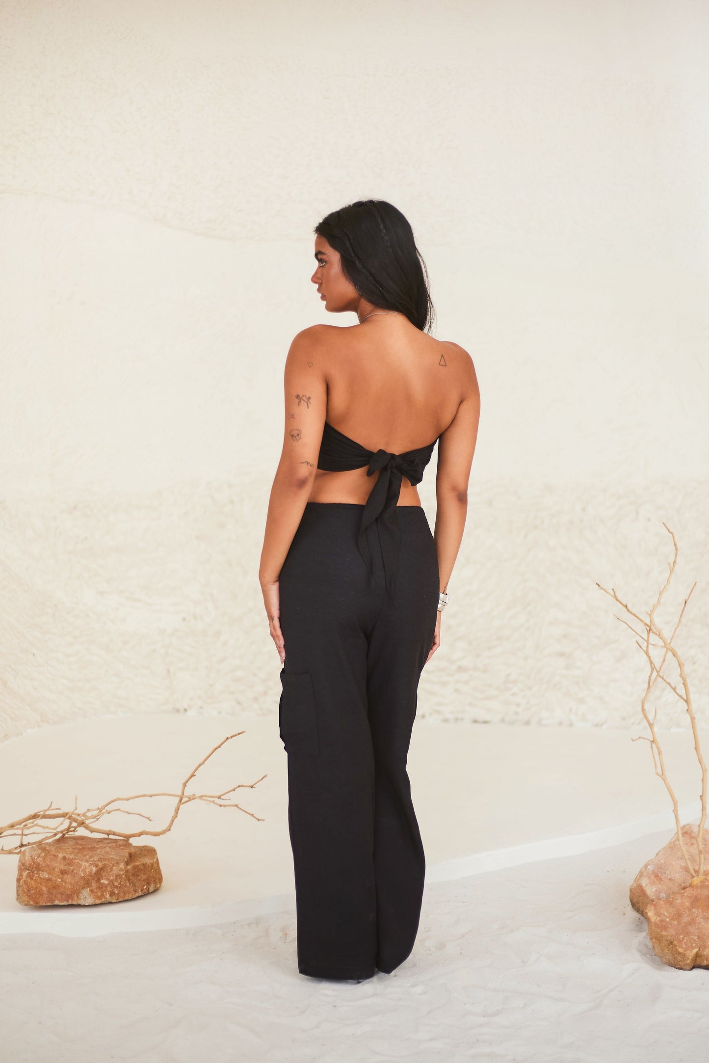 Black Scarf Top & Cargo Pants Set