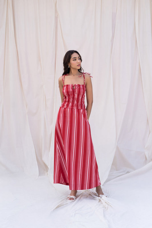 Red Striped Smocked Midi Dress