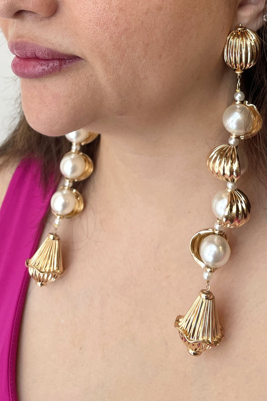 Long and Bold Shell Pearl Dangler Earrings