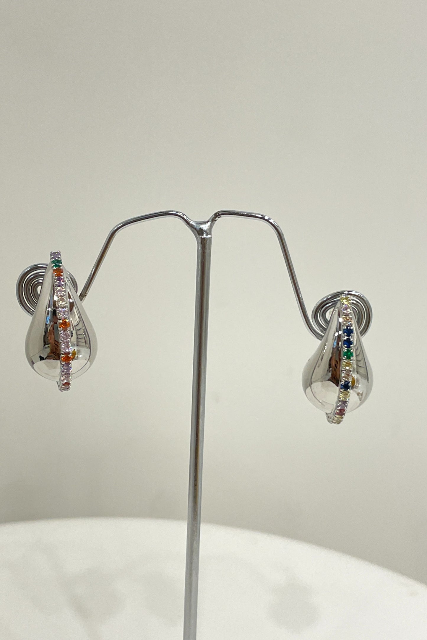 Silver Tear Drop Stud Earrings with Colored Zircon