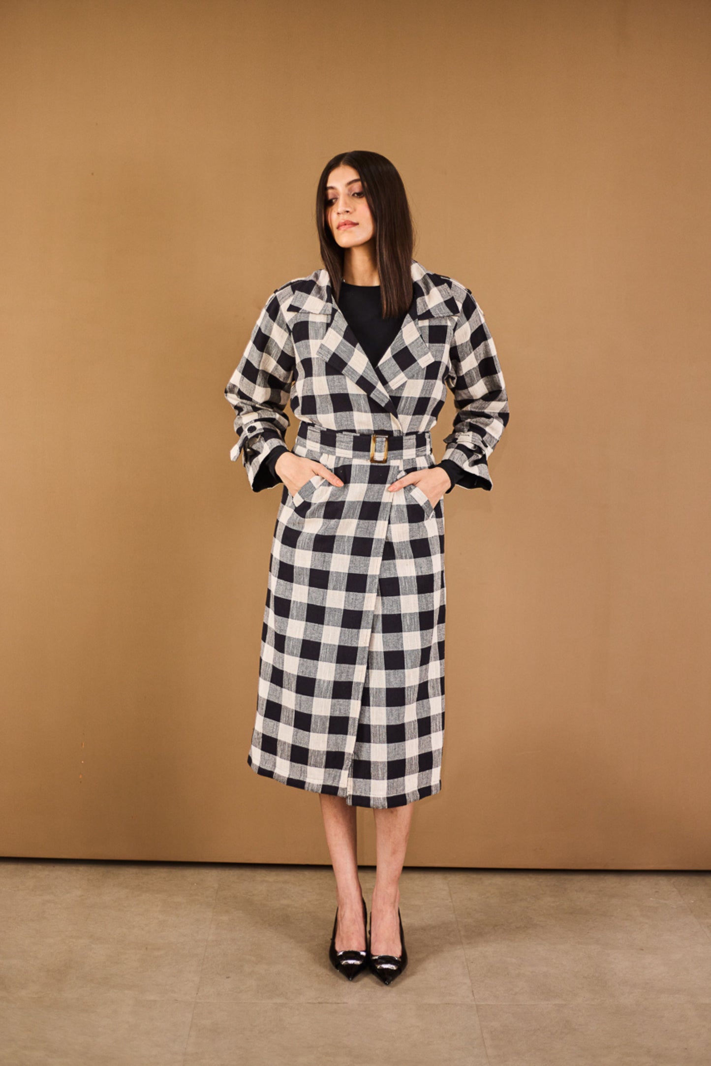 Checkered Trench Coat & Skirt Set
