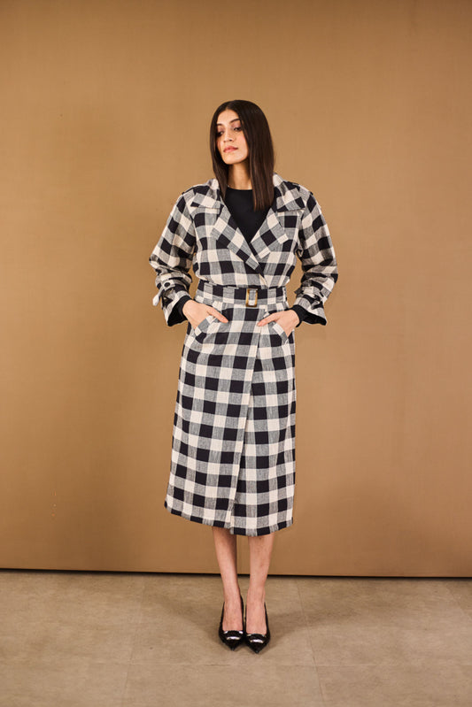 Checkered Trench Coat & Skirt Set