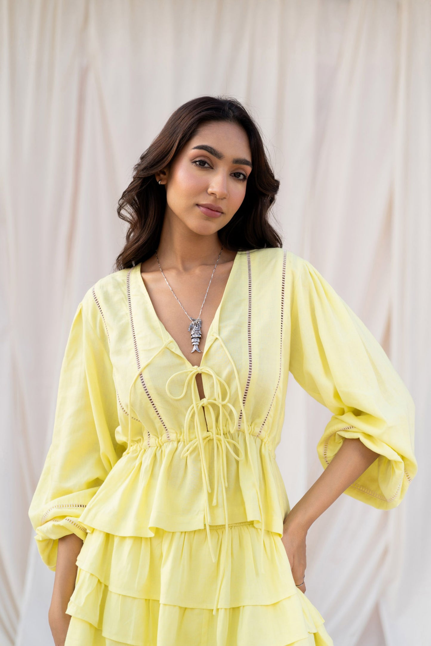 Yellow Full Sleeves Top & Skort Set