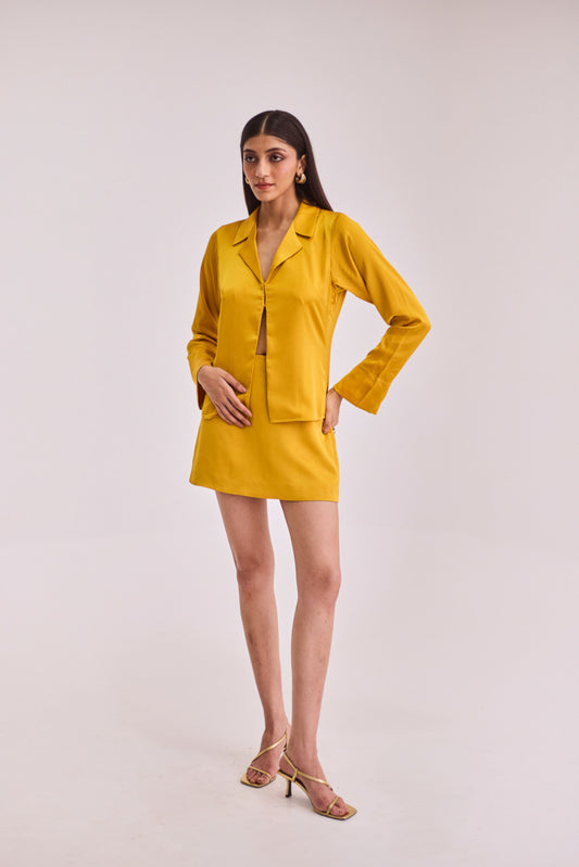 Yellow Satin Shirt & Skort Set